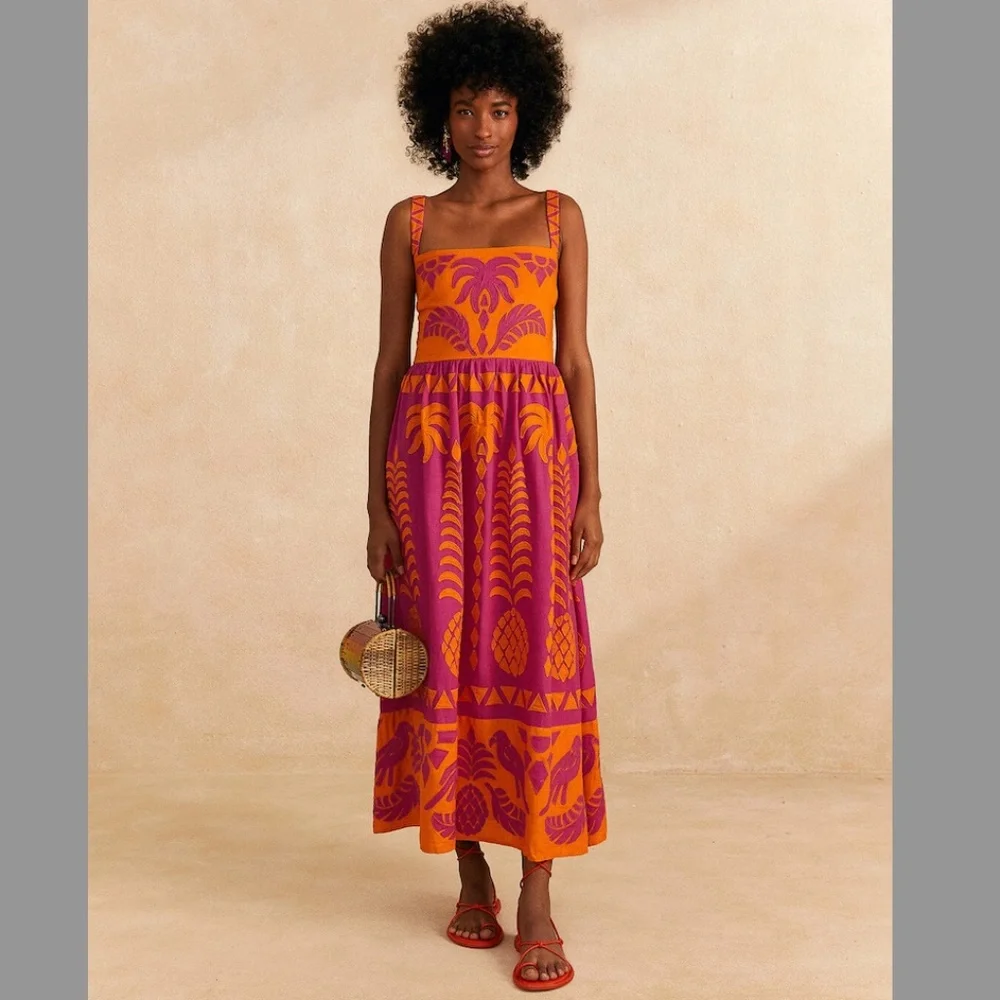 FARM RIO Orange Pineapple Love Cutwork Dress - Picture 1 of 3